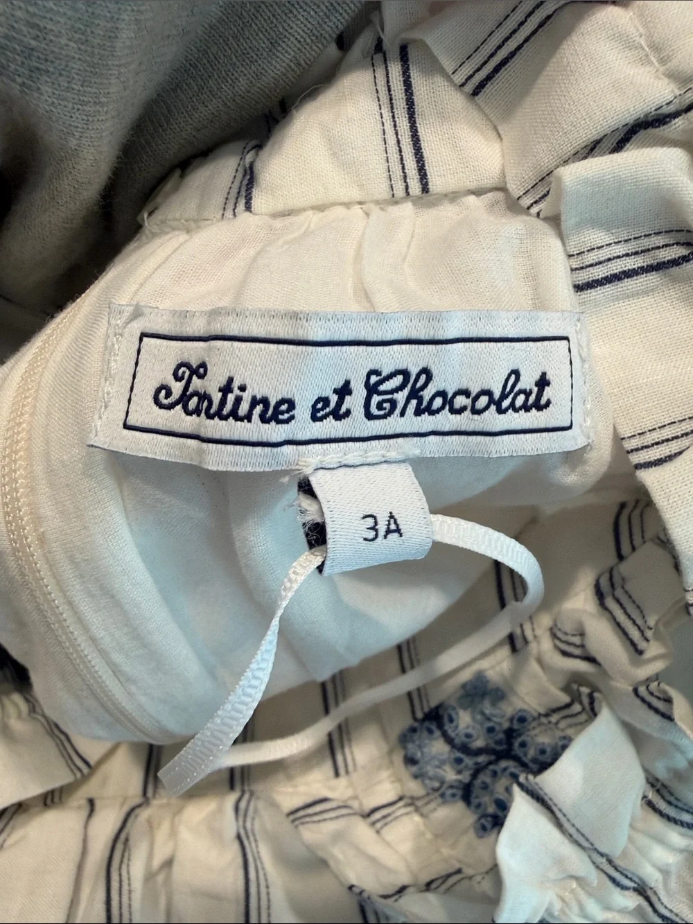 Girls Tartine et Chocolat White Striped Sundress with Blue Floral Embroidery